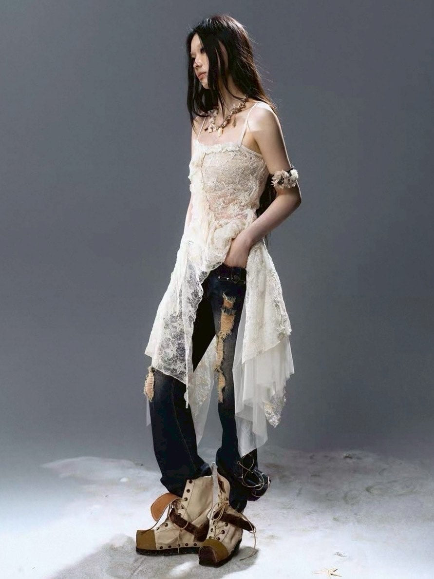 【Cest Nous】Star-Embellished Tulle dress / 【セヌー】レースフリルチュールキャミワンピース