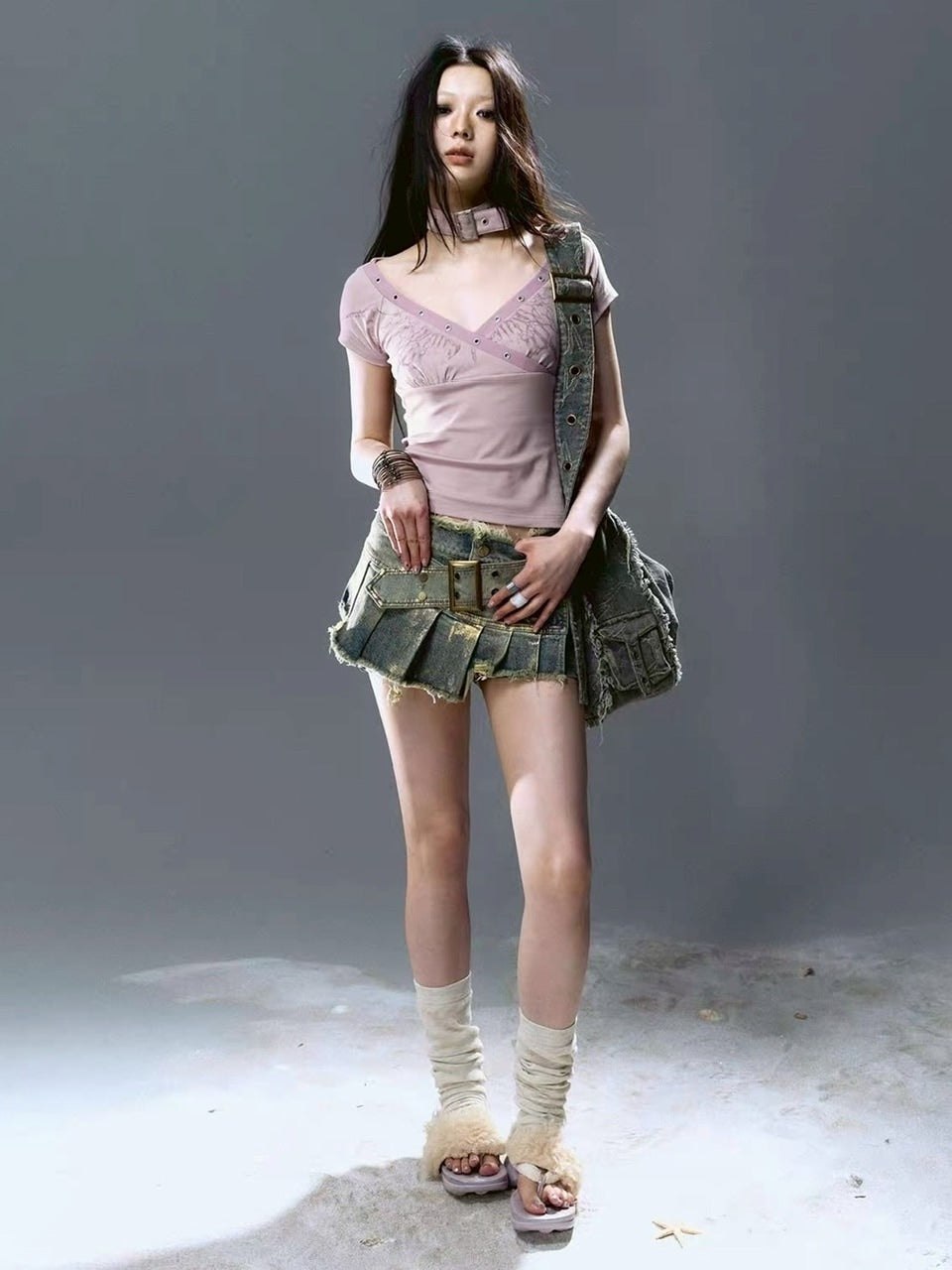 【Cest Nous】Gold-Foil Printed Skort / 【セヌー】ベルトプリーツデニムミニスカートパンツ