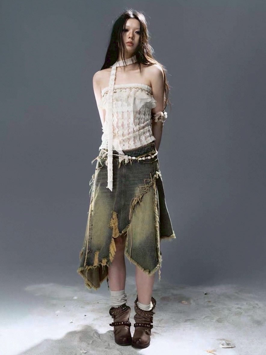 【Cest Nous】Distressed Hem Denim Skirt / 【セヌー】ダメージアシンメトリーデニムスカート