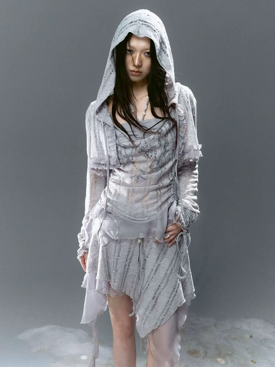 【Cest Nous】Misty Blue Cardigan / 【セヌー】フードフリルシースルーカーディガン