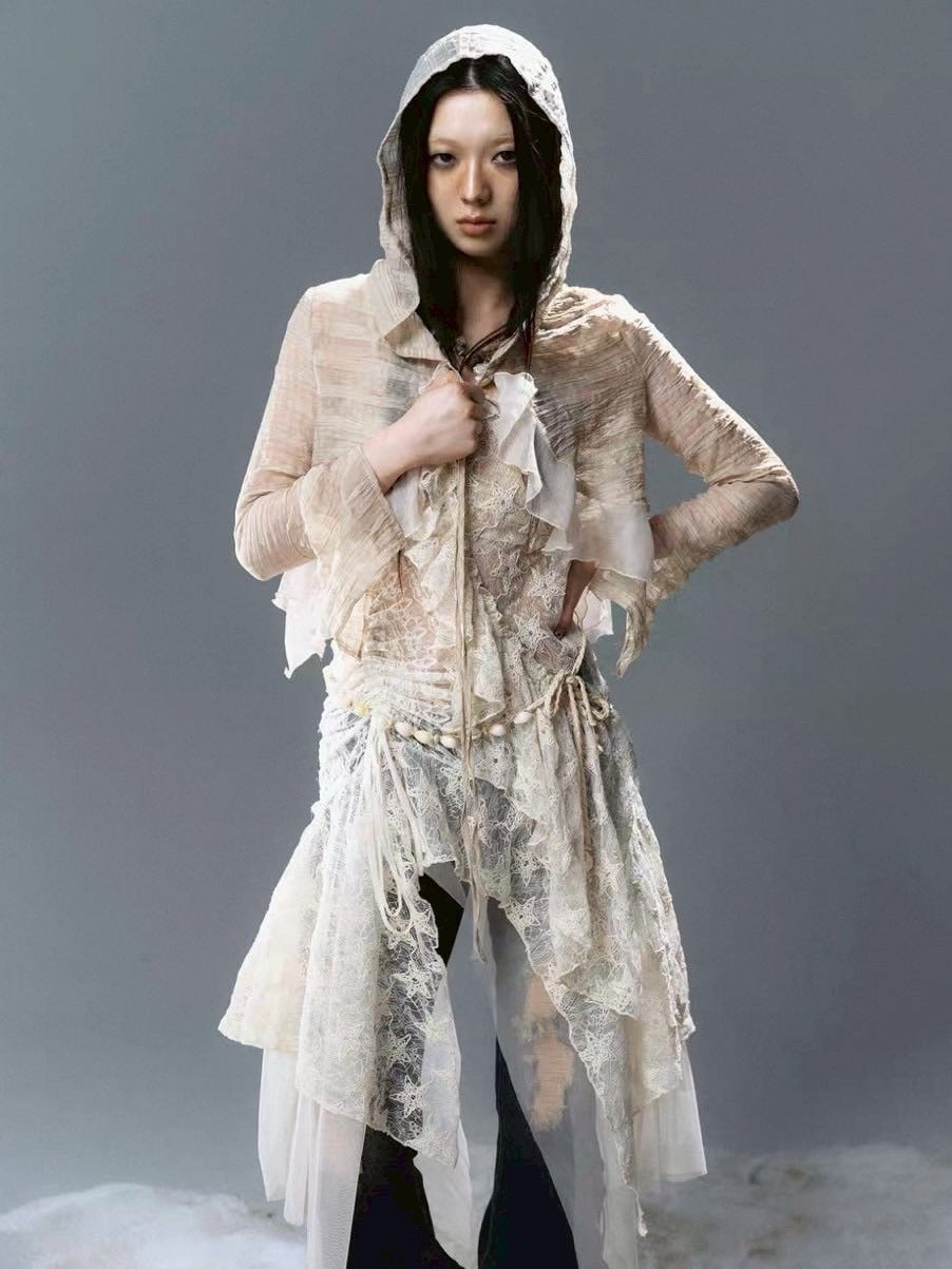 【Cest Nous】Plaid Chiffon Cardigan / 【セヌー】シフォンフリルシースルーカーディガン