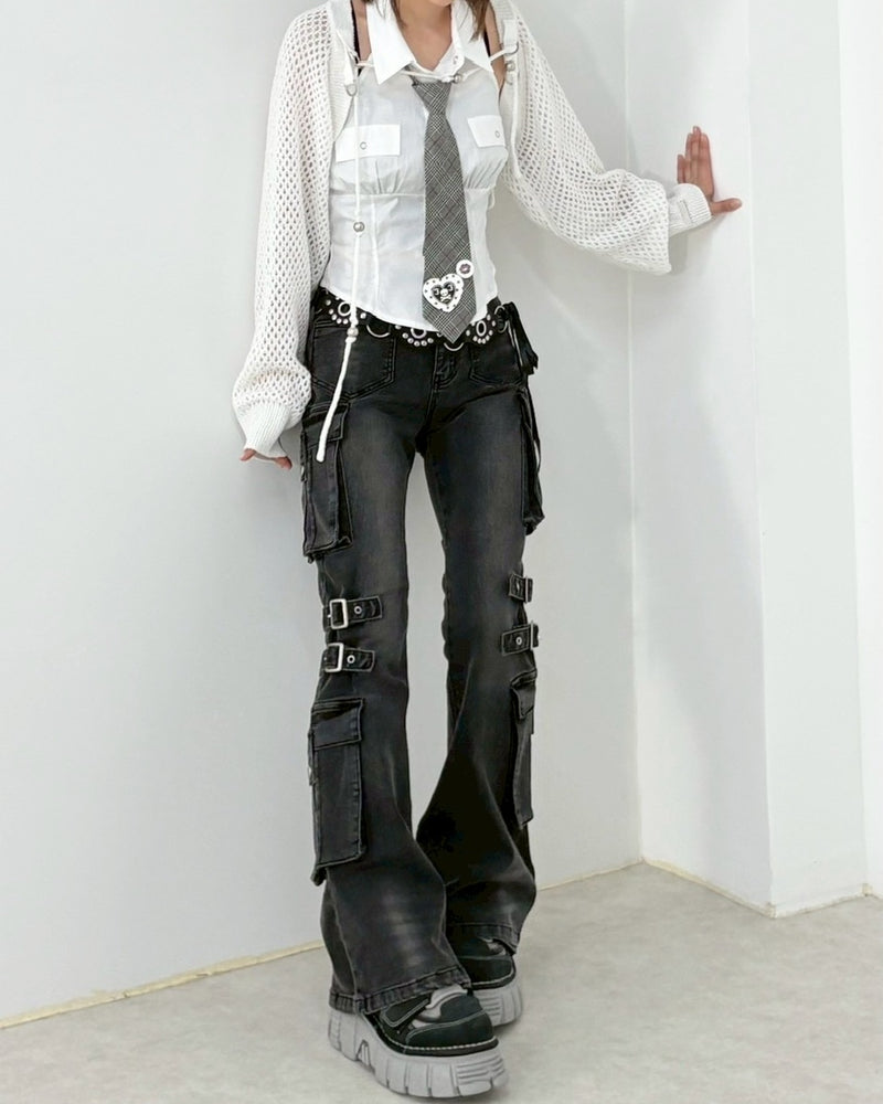 【NMTXU】flare cargo denim pants / 【エヌエムティーエックスユー】ウォッシュドフレアカーゴデニムパンツ