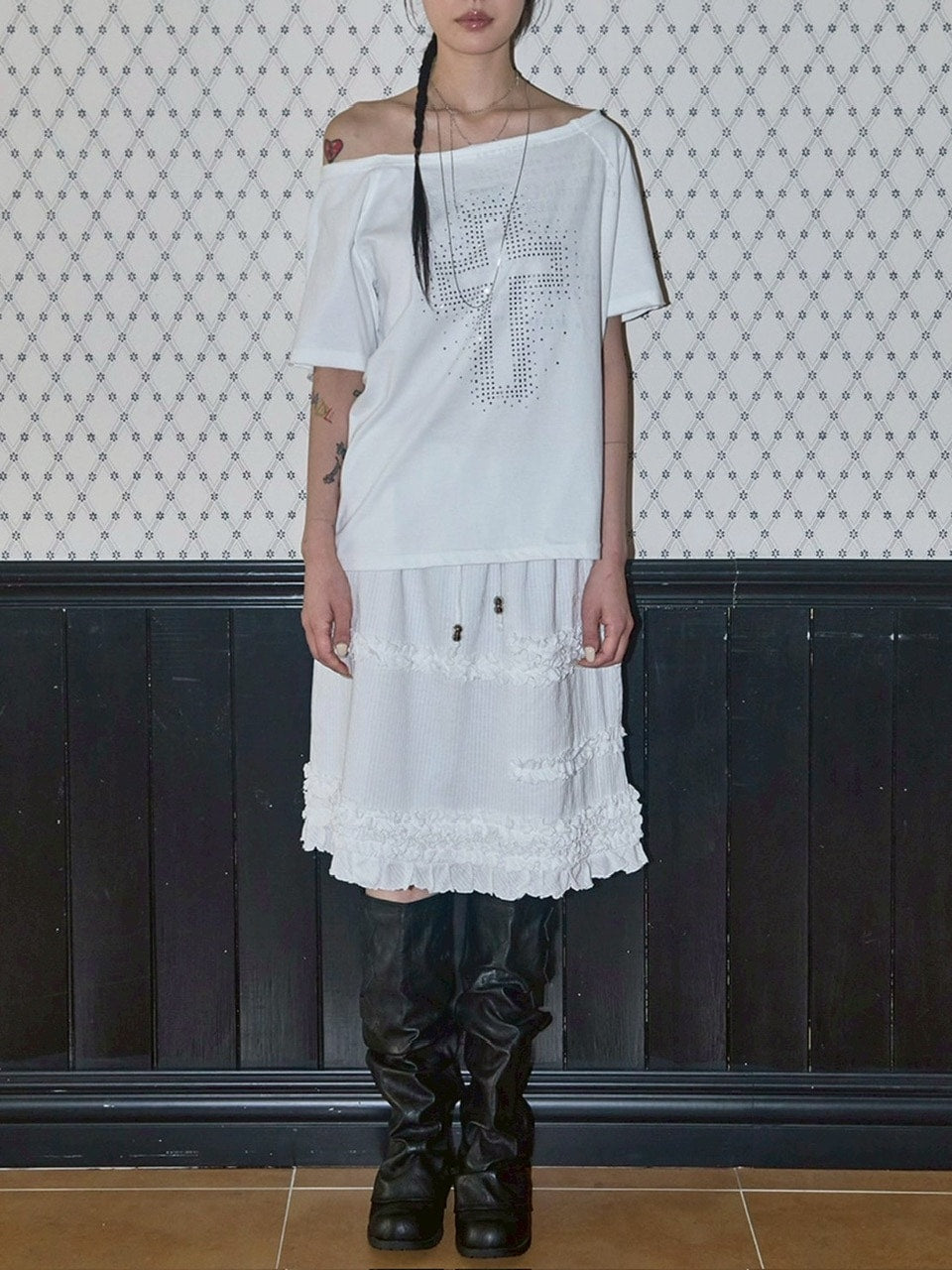 【FANCY CLUB】DIVINE CROSS ONE-SHOULDER TEE / 【ファンシークラブ】クロスワンショルダー半袖Tシャツ