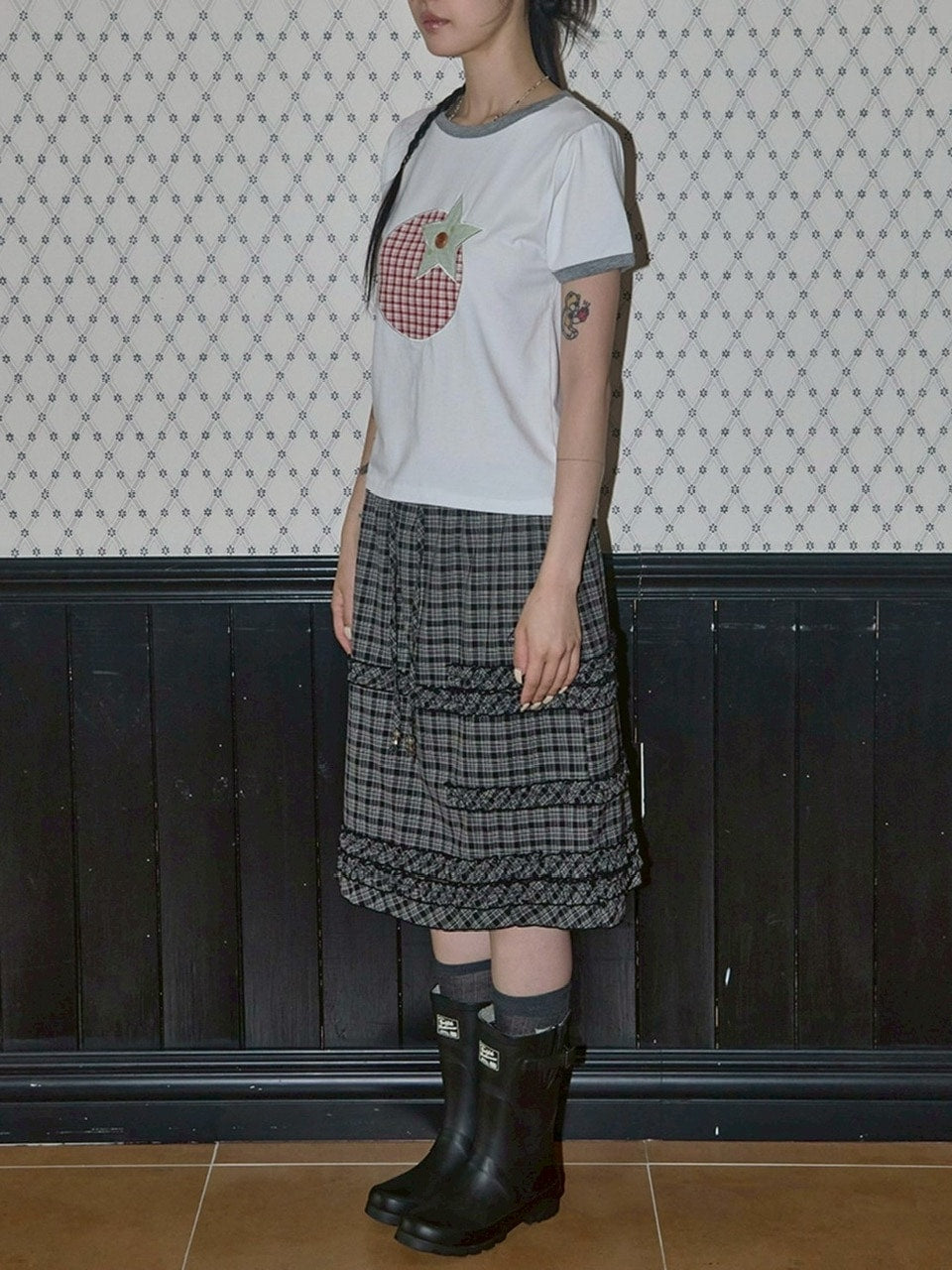 【FANCY CLUB】SHUSHU FRILL CHECK MIDI SKIRT / 【ファンシークラブ】シュシュフリルチェックミディスカート