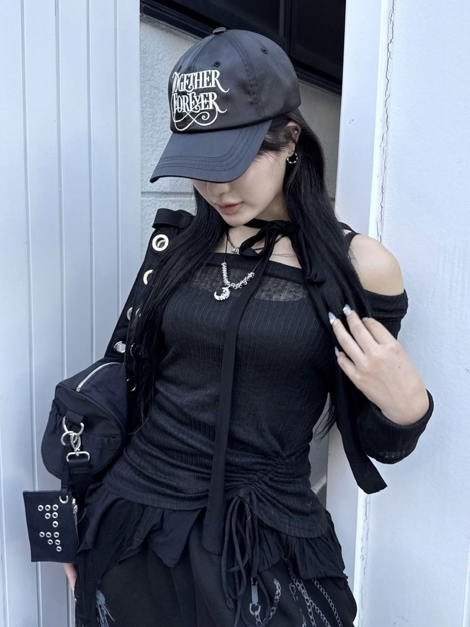 受注制【nmtc +】tie set off shoulder sheer long sleeve / 【エヌエムティーシープラス】タイセットオフショルダーシアー長袖Ｔシャツ (3color)