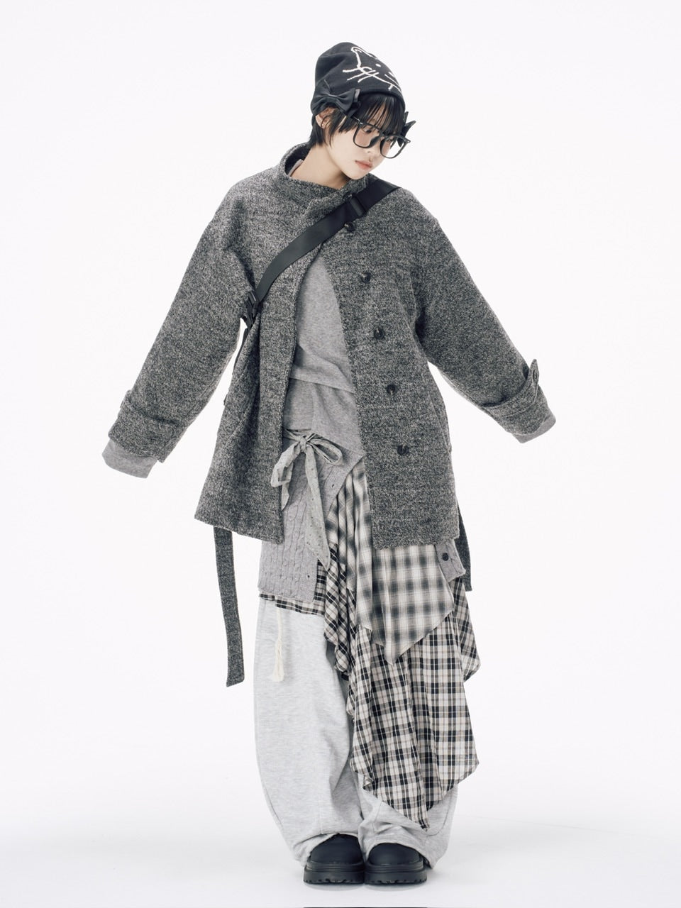 【Nerd out XU】asymmetry check skirt / 【ナードアウトエックスユー】アシンメトリーチェックスカート