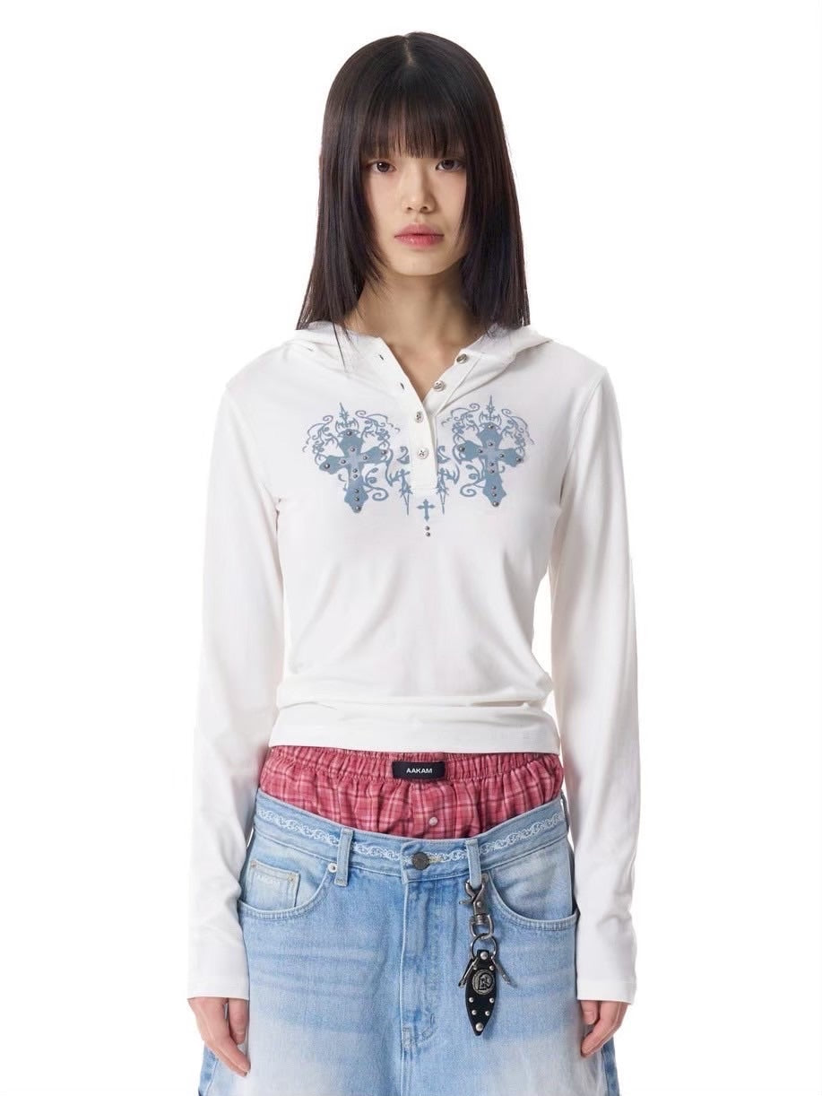 【AAKAM】Studded CROS2 Hooded Long Sleeve