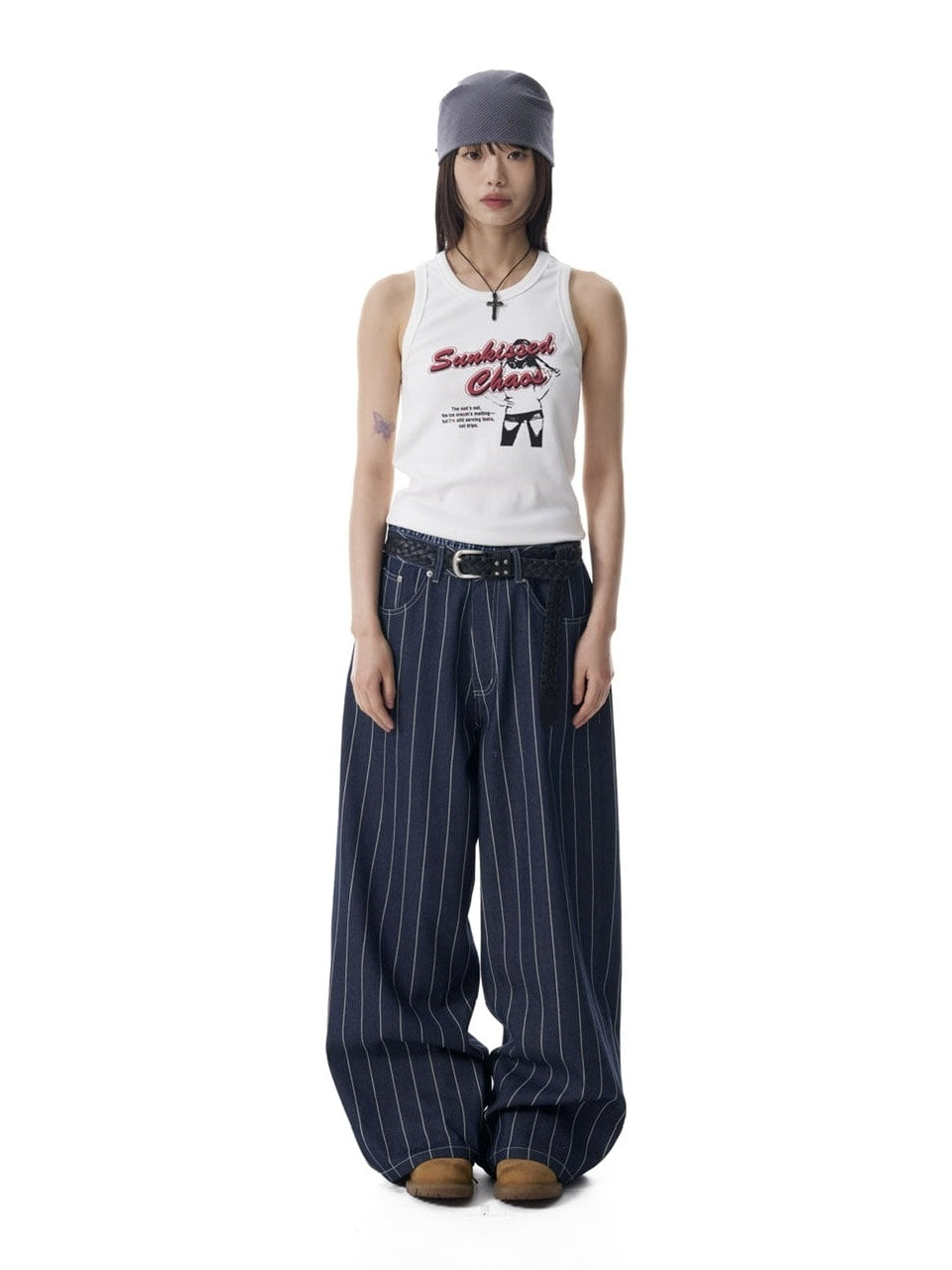 【AAKAM】Striped Cinch Back Denim Pants