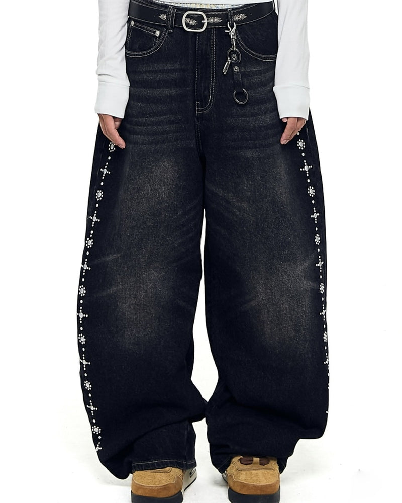 【AAKAM】Side Rhinestone Denim Pants