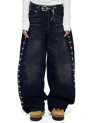 【AAKAM】Side Rhinestone Denim Pants