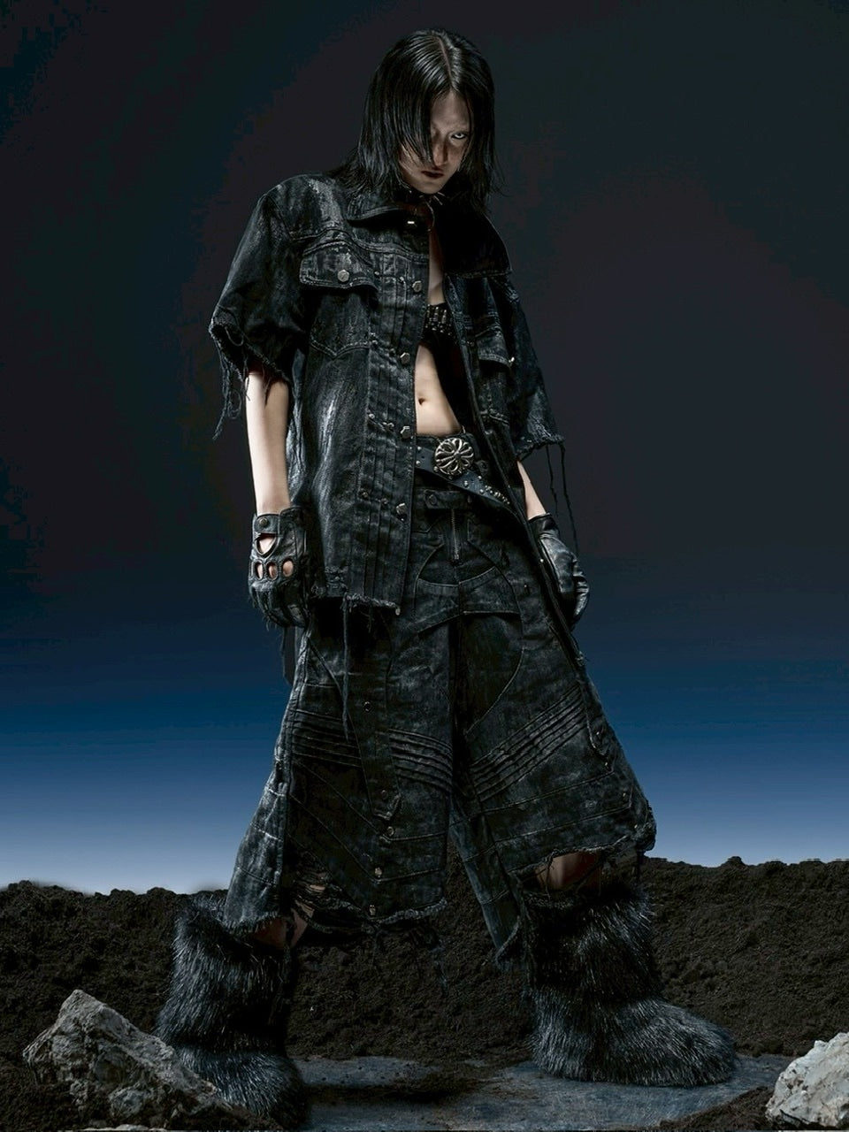 1/2 20:00再販【RICH】Knight Wide Waxed Short Pants/ 【リッチ】デザインデニムダメージハーフパンツ