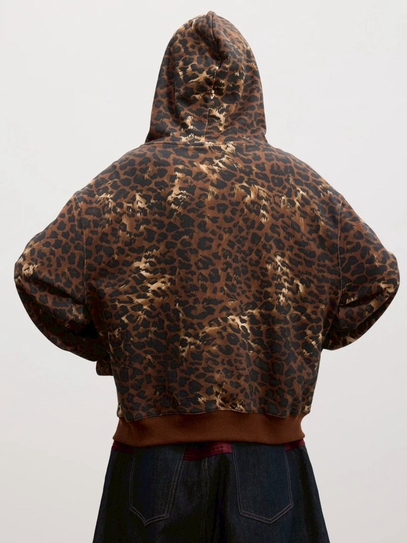 【DND4DES】Cartoon Rhinestone-Studded Leopard Print Zip Hoodie /【ディーエヌディーフォーデス】ラインストーンレオパードプリントジップアップパーカー