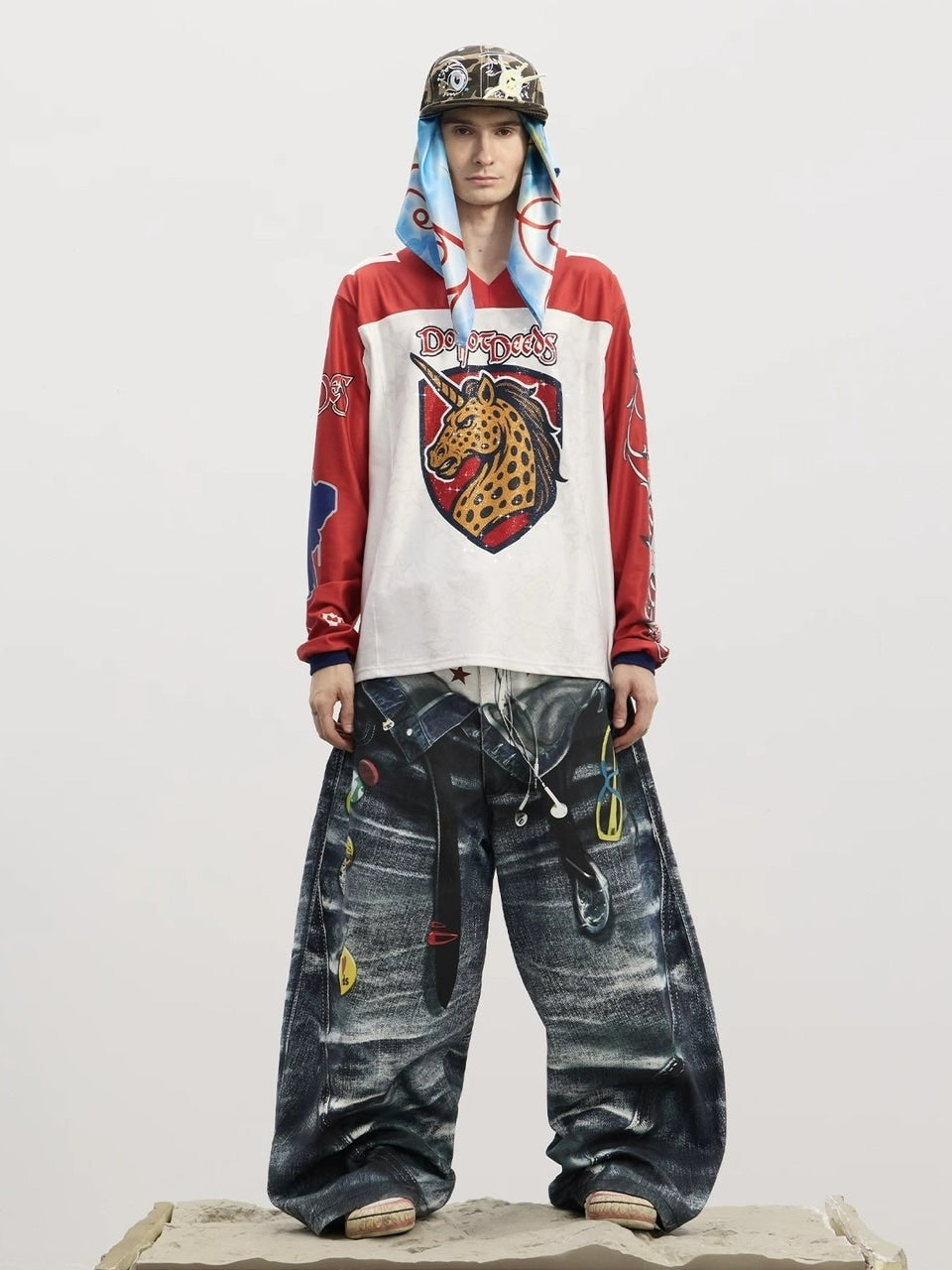 【DND4DES】Double Waist Badge All-Over Print Pants /【ディーエヌディーフォーデス】ダブルウエストプリントデニムパンツ