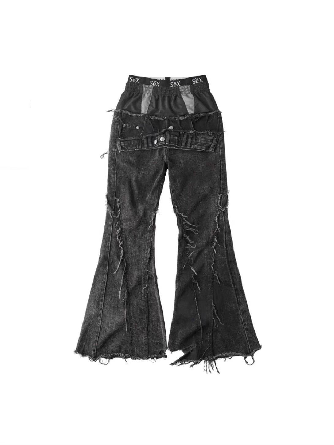 【Cozy world Wide】COZY25 TRIPPLE LAYER WAXED FLARED JEANS / 【コージーワールドワイド】レイヤードフリンジデニムフレアパンツ