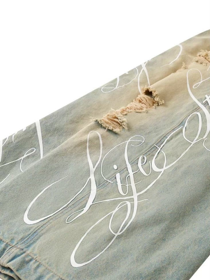 【Cozy world Wide】"LIFESTYLE" VINTAGE WAXED BAGGY JEANS / 【コージーワールドワイド】レタリングダメージウォッシュバギーデニムパンツ