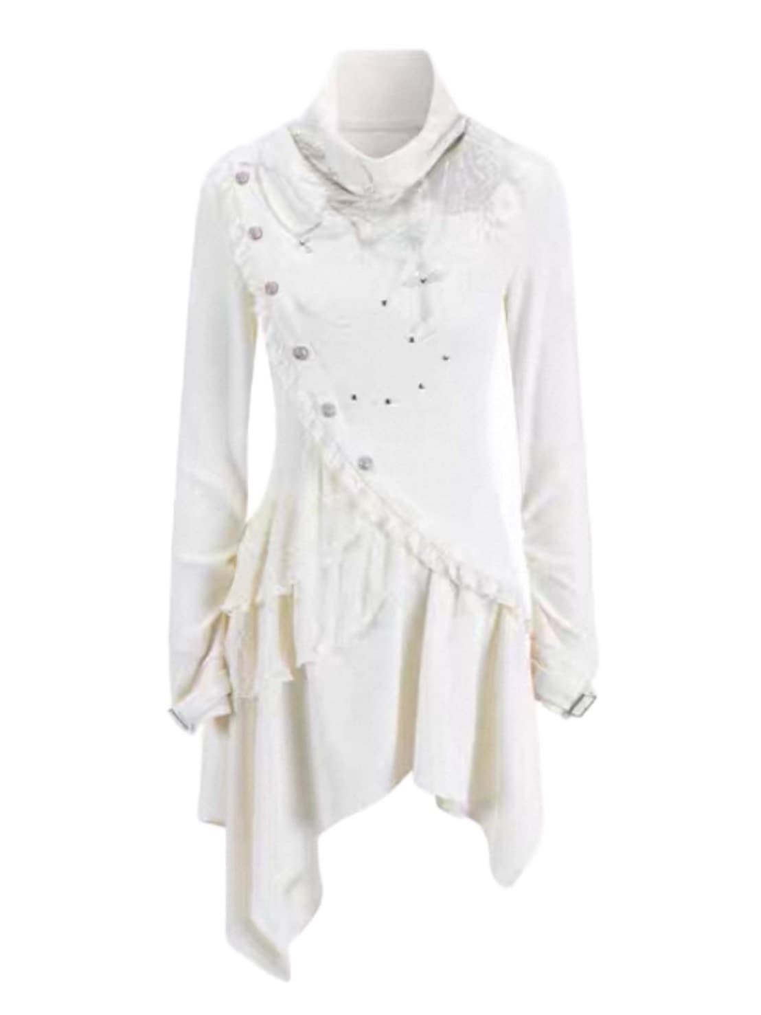 【Cest Nous】Beige Cowl Neck Dress / 【セヌー】ハイネックアシンメトリーフリルワンピース