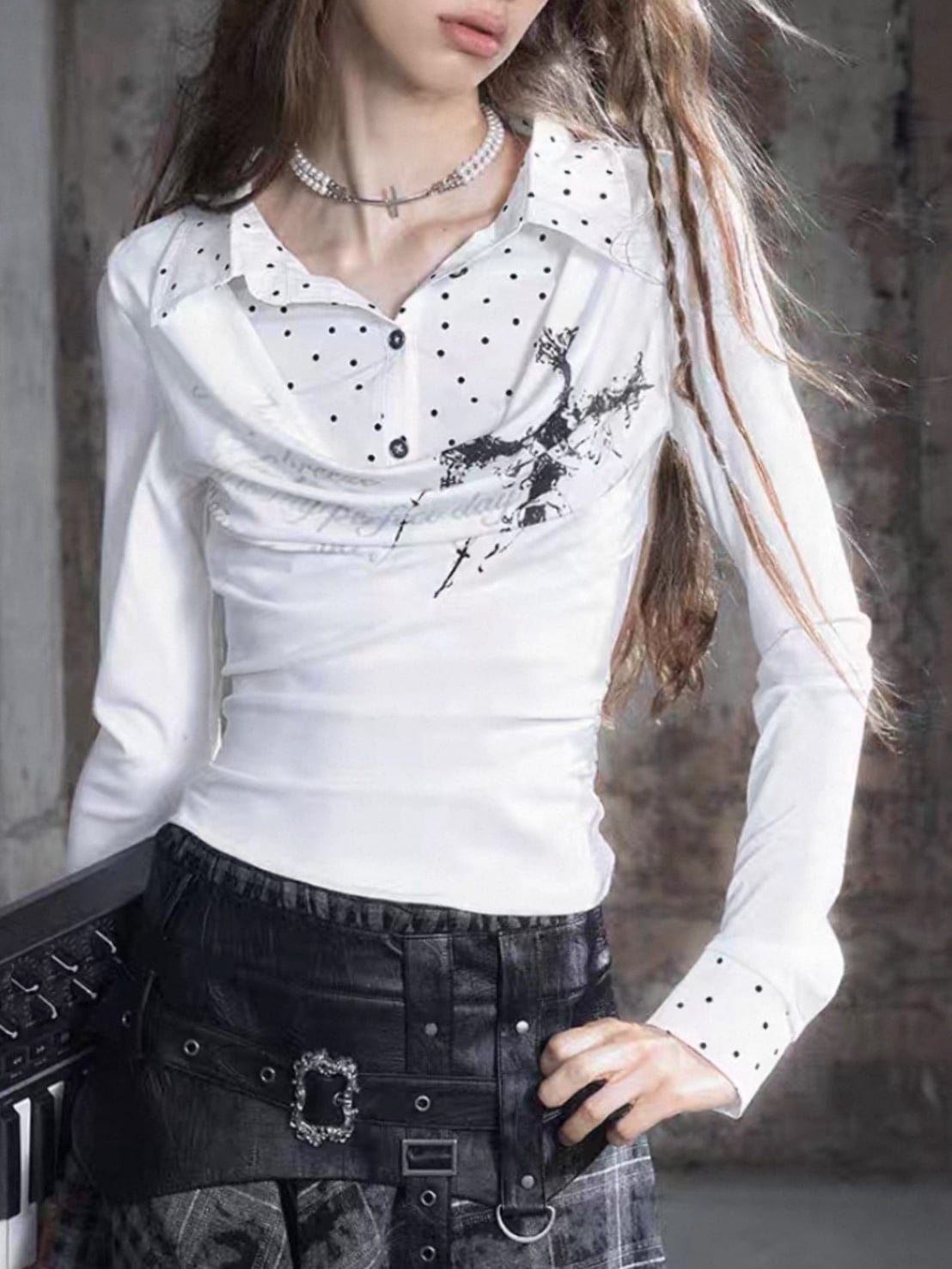 【Cest Nous】White Polka Dot Top / 【セヌー】レイヤードドットシャツ