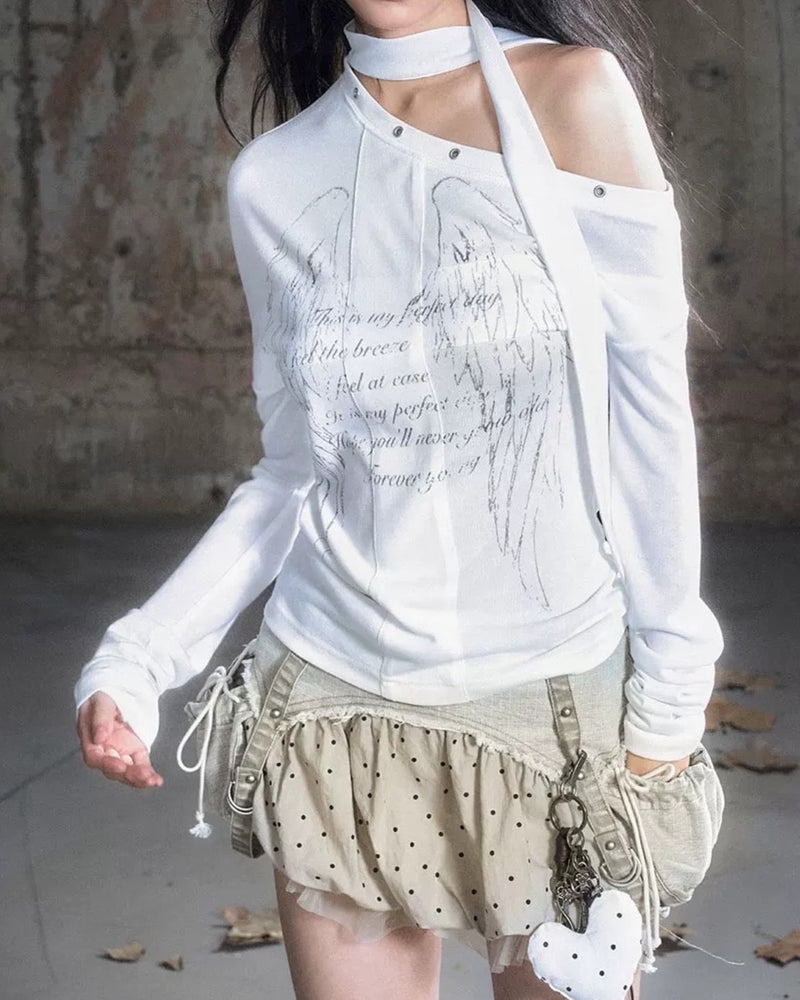 【Cest Nous】White Wing Graffiti Top / 【セヌー】タイ付きワンショルダー長袖トップス