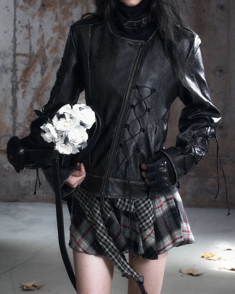 【Cest Nous】Lace-up Non-leather Jacket / 【セヌー】ハイネックコーティングレースアップジャケット