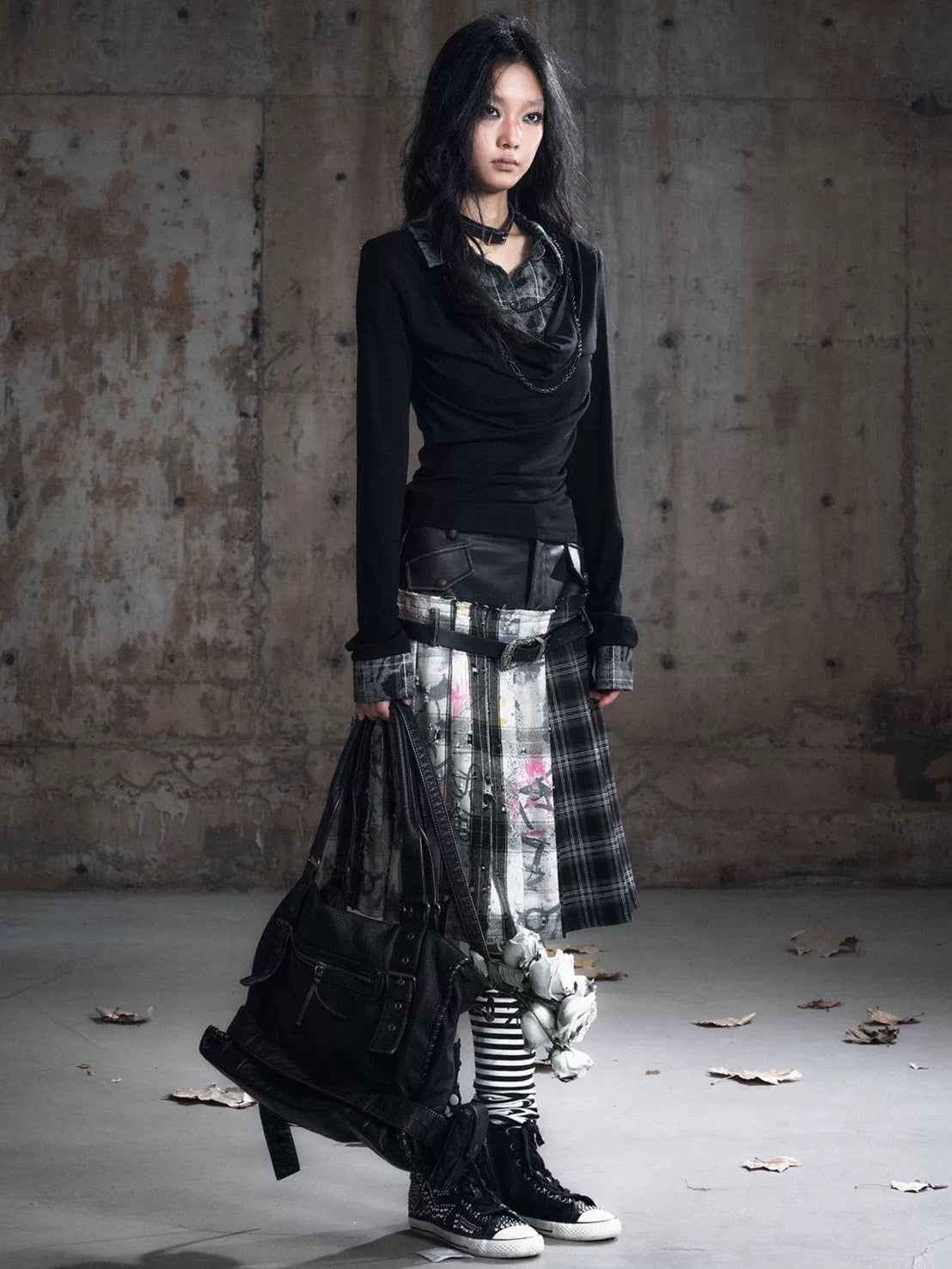 【Cest Nous】Plaid Pleated Skirt / 【セヌー】レイヤードデザインベルトプリーツスカート
