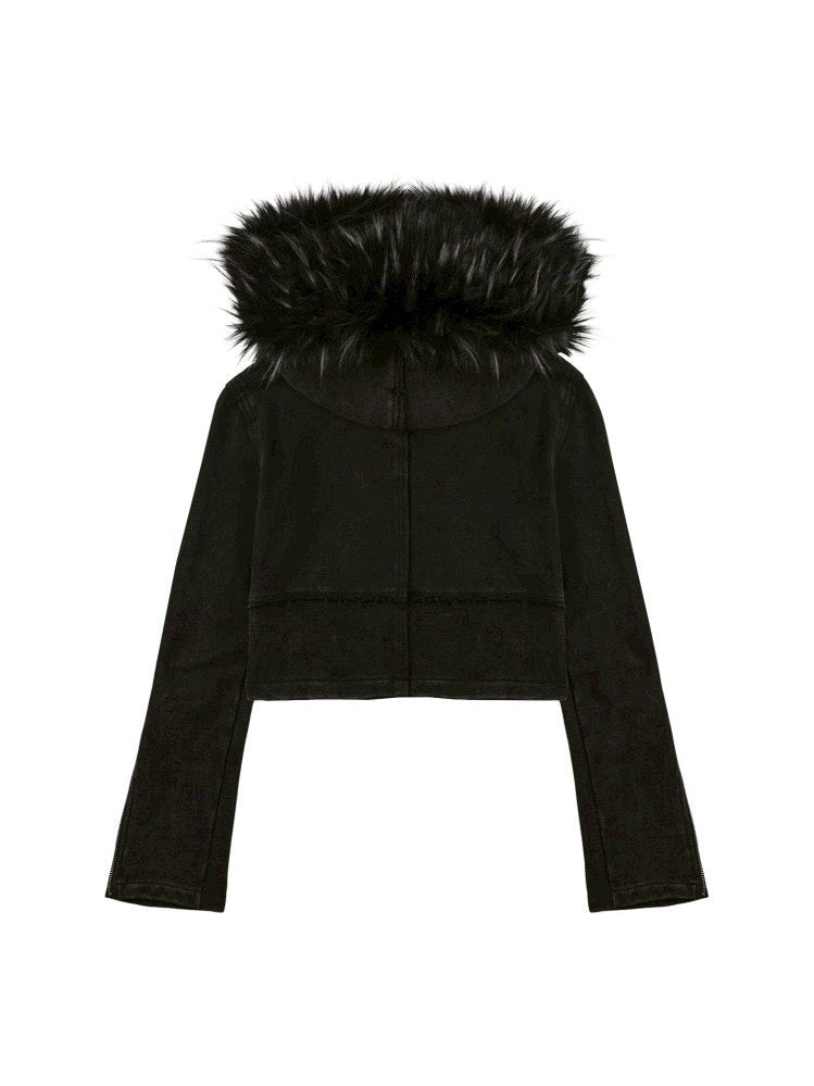 【bonienkiye】Distressed Seam Fur Hood Zip-Up