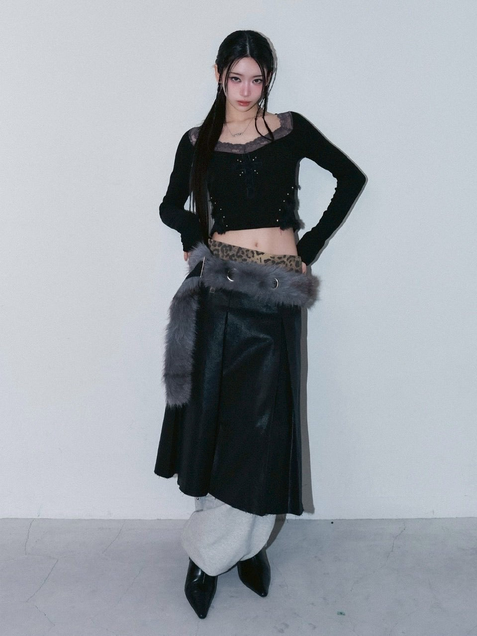 1/2 20;00発売【CHERRYQUIRI】leopard long pleats wrap sk