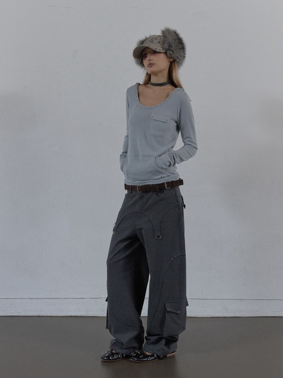 【SETUP‐EXE】SOFT STRIPE HOODIE TOP / 【セットアップエグゼ】ボーダーフード長袖Tシャツ