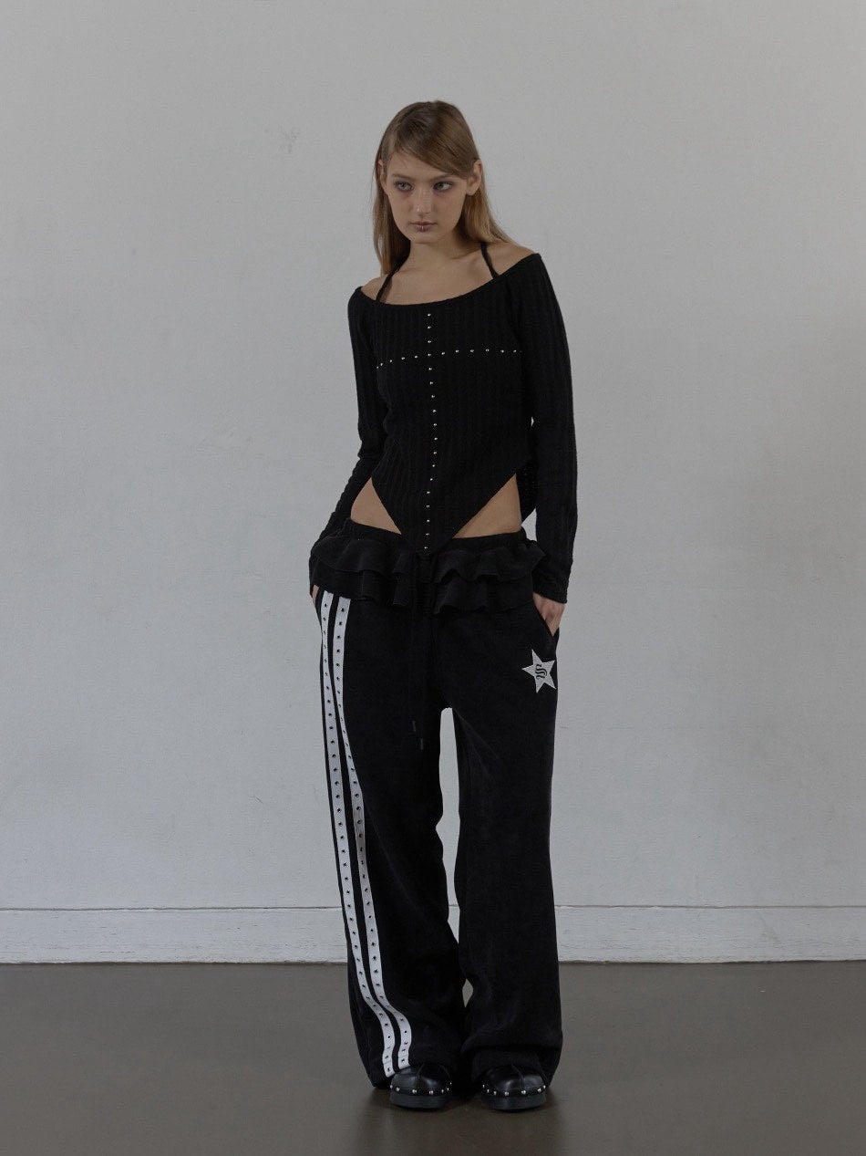 【SETUP‐EXE】FRILL EYELET SWEATPANTS / 【セットアップエグゼ】フリルアイレットサイドラインスウェットパンツ