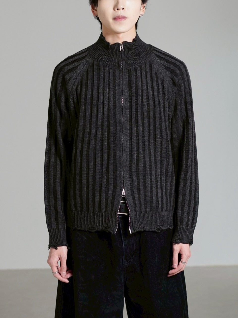 受注制【Chikashitsu +】contrast rib zip up knit / 【チカシツプラス】コントラストリブジップアップニット (2color)