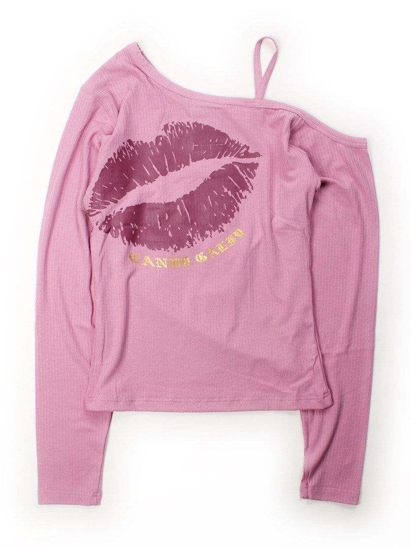 【GALFY】SEXY LIPS TEE / 【ガルフィー】ワンショルダーリッププリント長袖Tシャツ