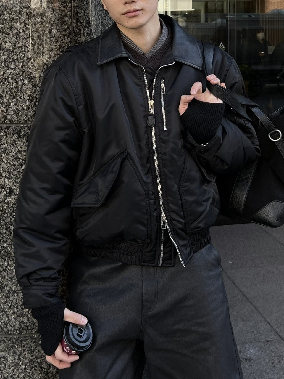 東京店WEB限定【Chikashitsu +】leather collar bomber jacket / 【チカシツプラス】レザーカラーボンバージャケット (2color)