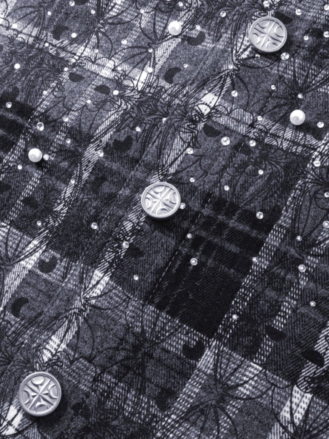 【The Boy Has No Patience】TBHNP LUMINOUS DAWN RHINESTONE PEARL BAT PATTERN L-S SHIRT / 【ザボーイハズノーペーシェンス】ラインストーンチェックシャツ