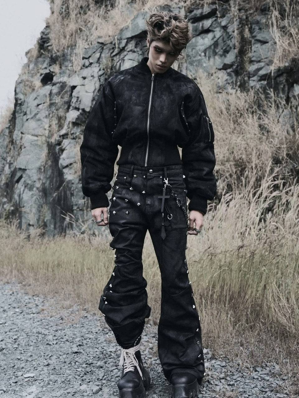 2/28 20:00発売【UNIZ】Egypt Coated Flare Pants / 【ユニズ】スタッズデニムフレアパンツ
