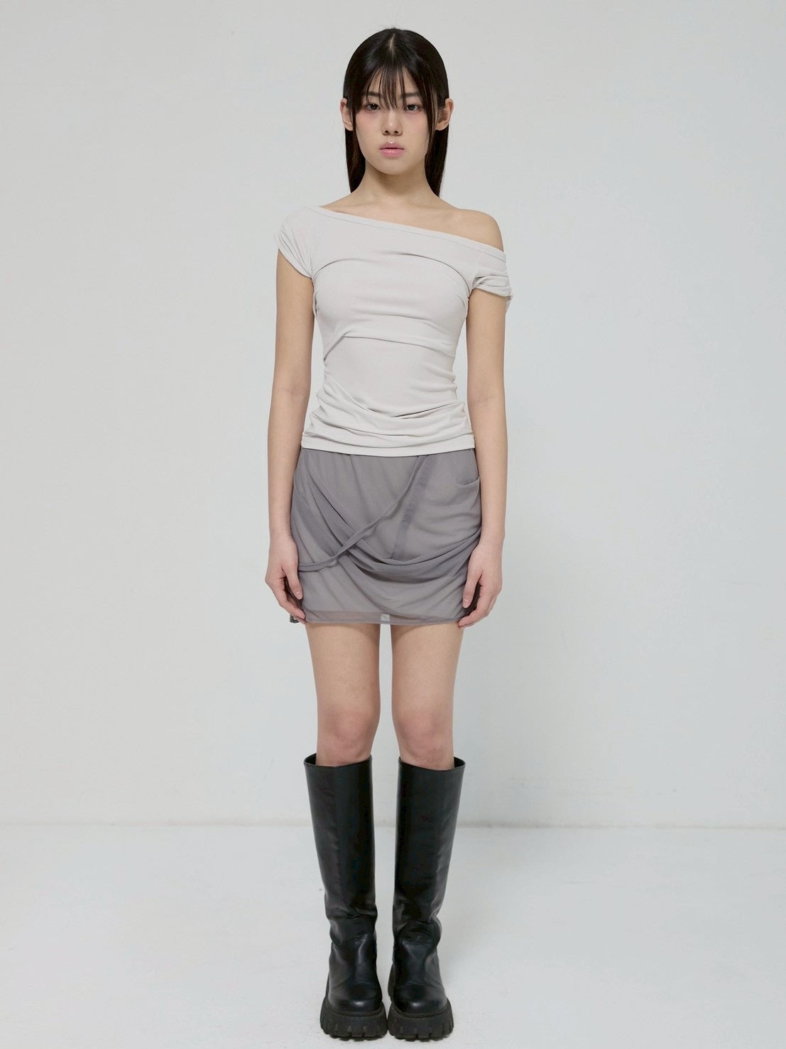 6/22 21:00発売【FLAREUP】Draped Mesh Layered Mini Skirt