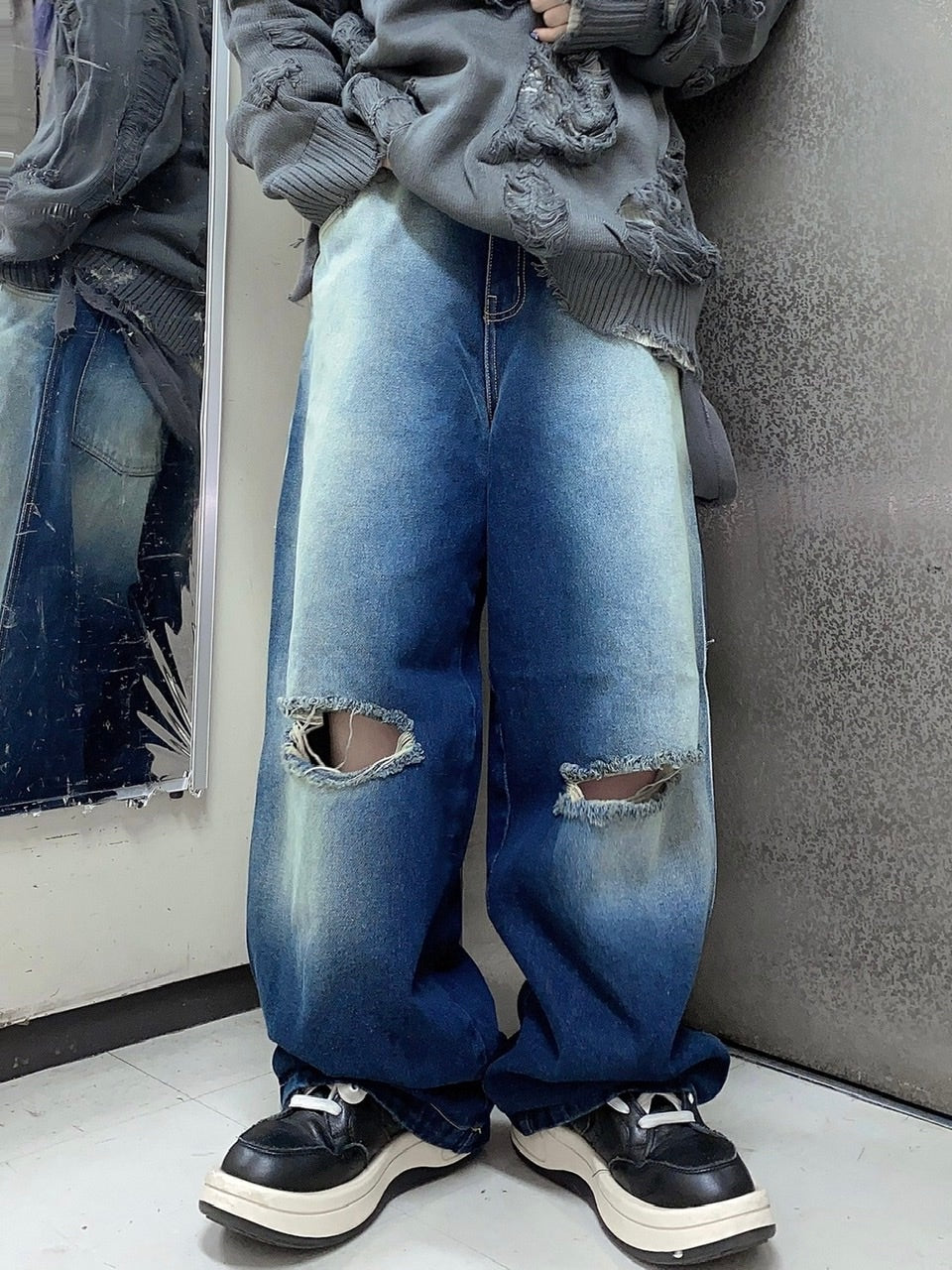 受注制【Never mind the XU】vintage wash damage denim pants (2color)