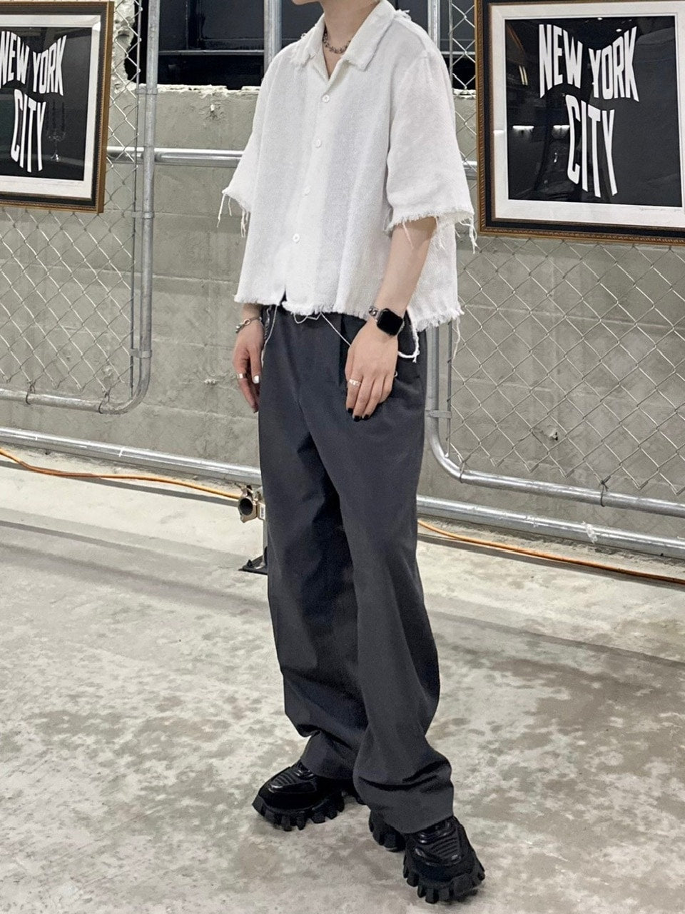 大阪店WEB限定受注制【Chikashitsu +】tweed cropped shirt (2color)