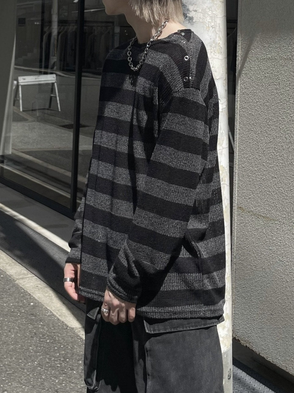 大阪店WEB限定受注制【Chikashitsu +】shoulder snap border knit (2color)