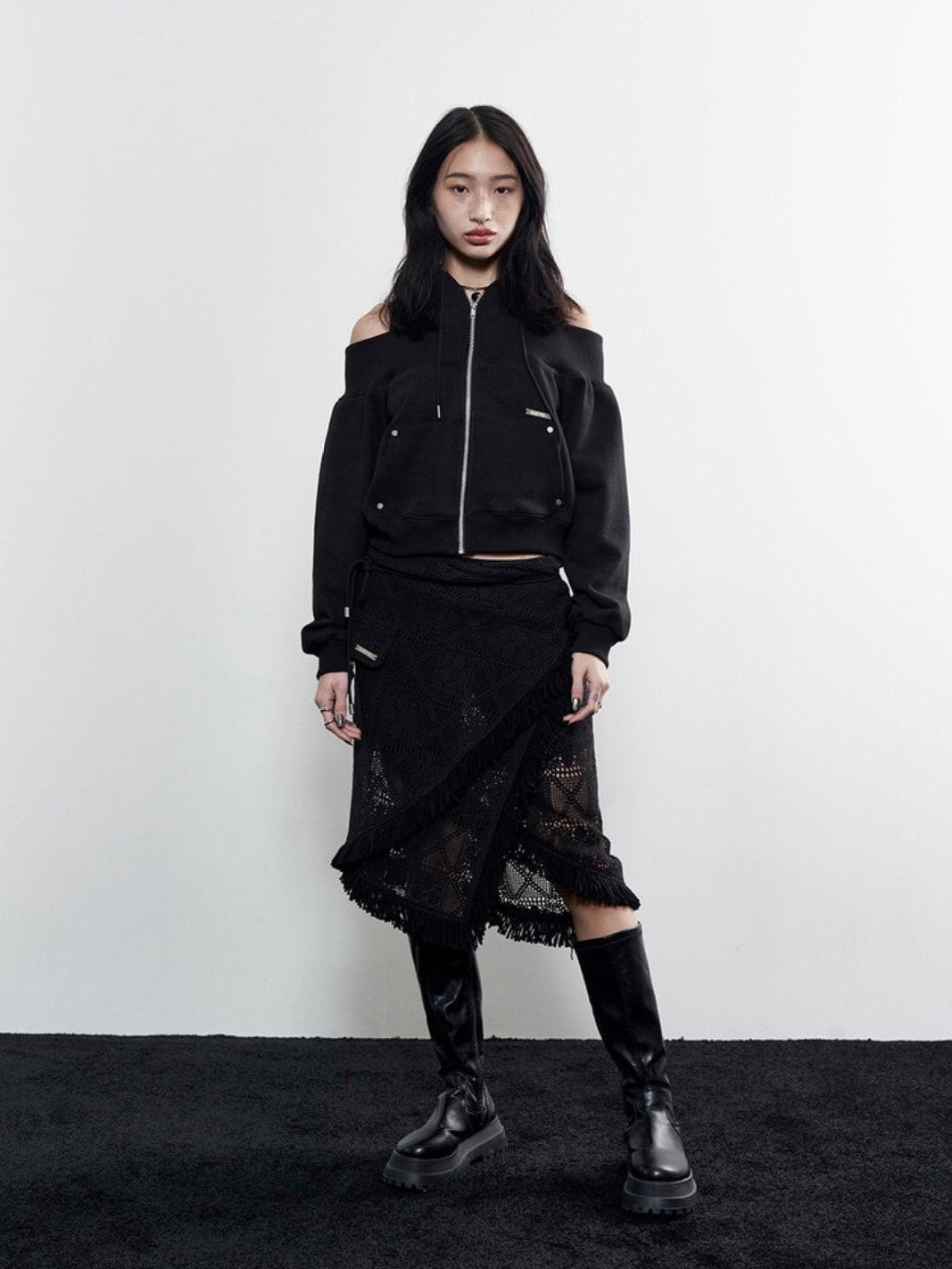 【NOT KNOWING】Open Shoulder Zip Up Hoodie / 【ノットノーイング】オープンショルダージップアップパーカー