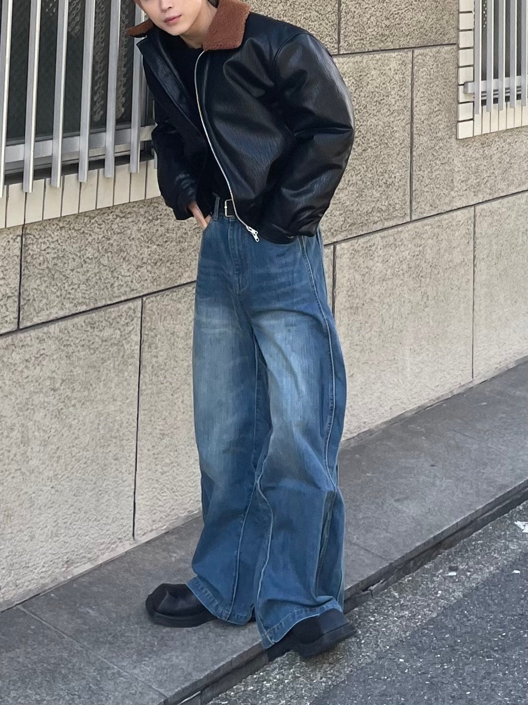【Chikashitsu +】side wave design denim pants