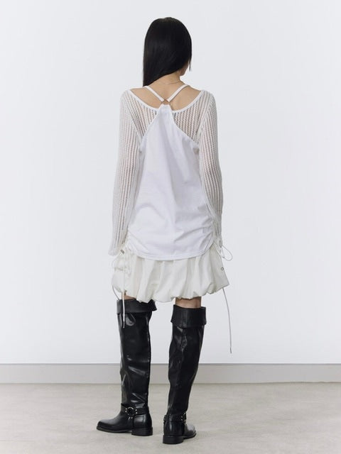 【NOT KNOWING】Net Sleeve Neck Strap O-Ring Top