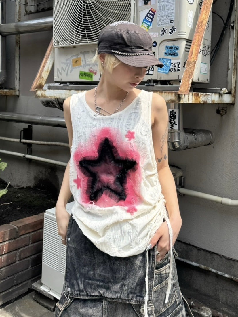 受注制【Never mind the XU】star damage sleeveless (2color)