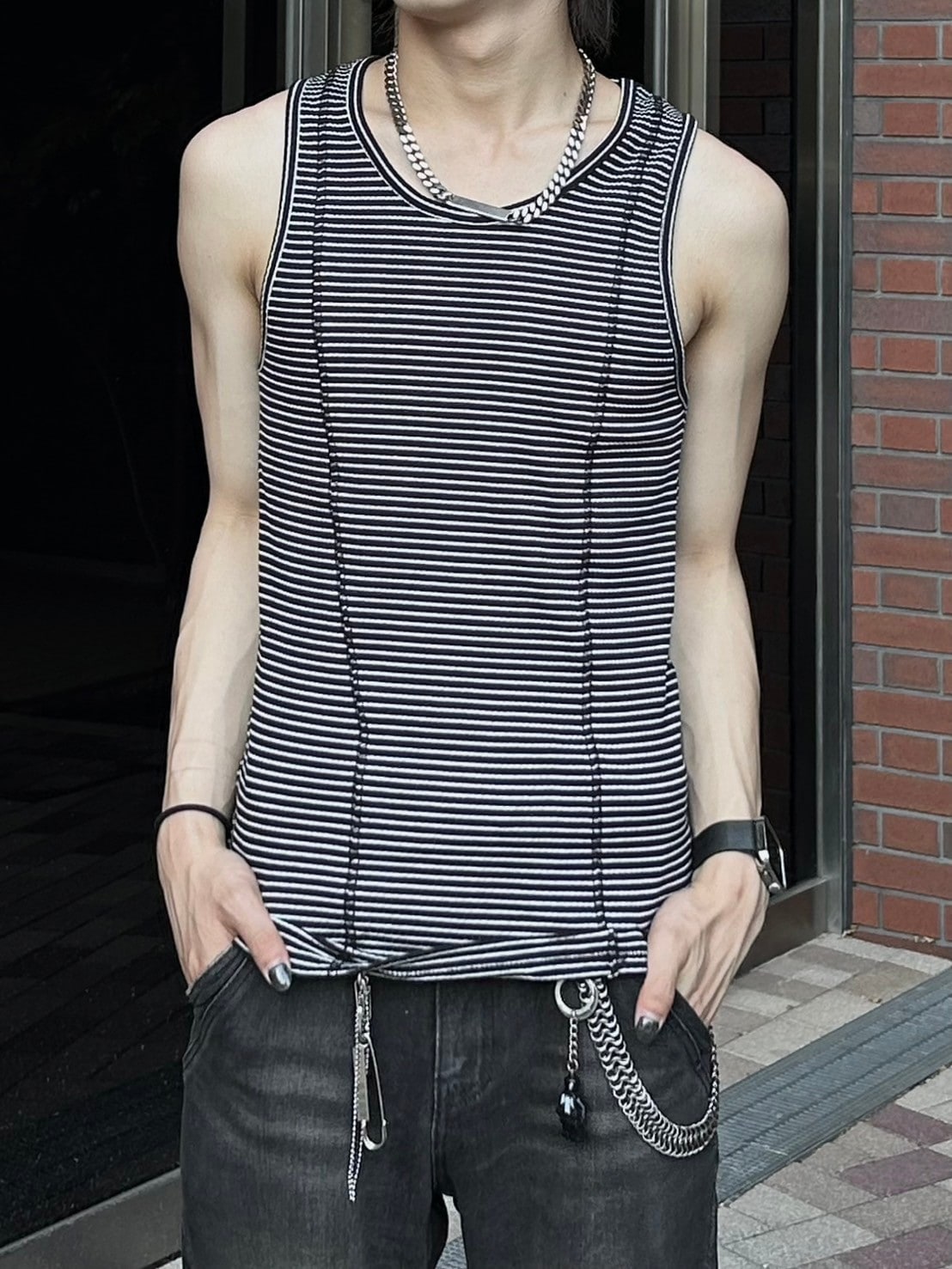 受注制【Chikashitsu +】border stitch rib sleeveless (2color) / 【チカシツプラス】ボーダーステッチリブタンクトップ