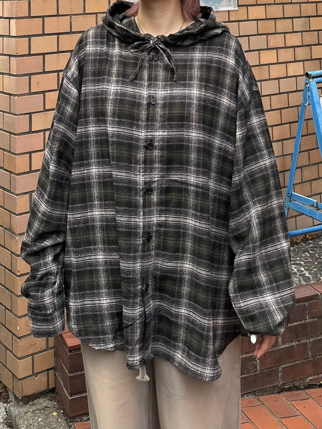 受注制【Chikashitsu +】glen check hooded shirt (2color) / 【チカシツプラス】グレンチェックフード長袖シャツ