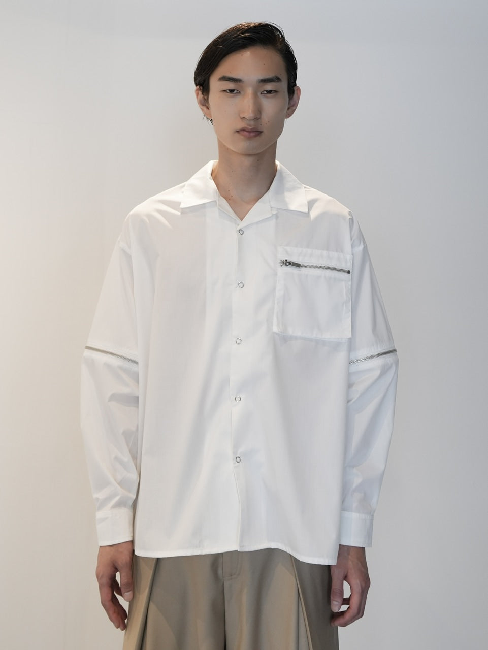 【CS】2way zip square cut shirt (white) / 【シーエス】2ウェイジップスクエアカット長袖シャツ