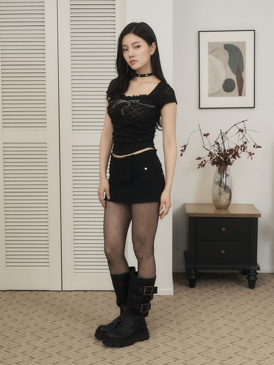 【SETUP‐EXE】FRILL BOW CROP TOP / 【セットアップエグゼ】フリルクロップリボンロゴプリント半袖Tシャツ