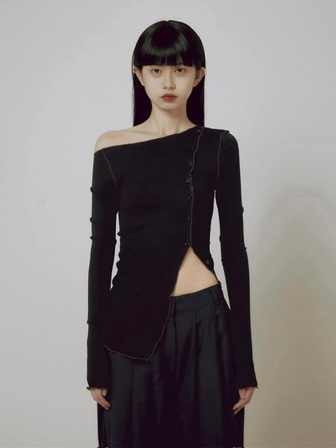 【FLAREUP】One-Shoulder Lettuce Stitch Cardigan