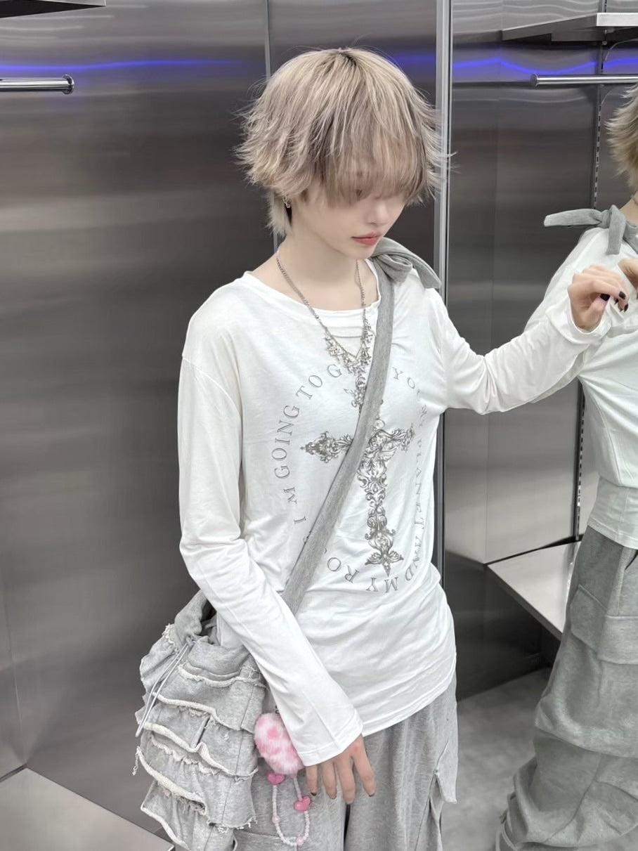 【Never mind the XU】cross print longsleeve tee (2color) / 【ネバーマインドザエックスユー】クロスプリント長袖Tシャツ