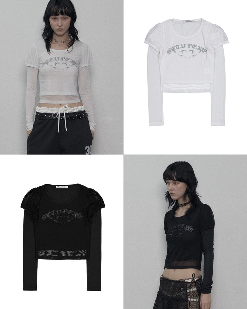 【SETUP-EXE】MESH LAYERED TOP / 【セットアップエグゼ】メッシュレイヤードロゴプリント長袖Tシャツ
