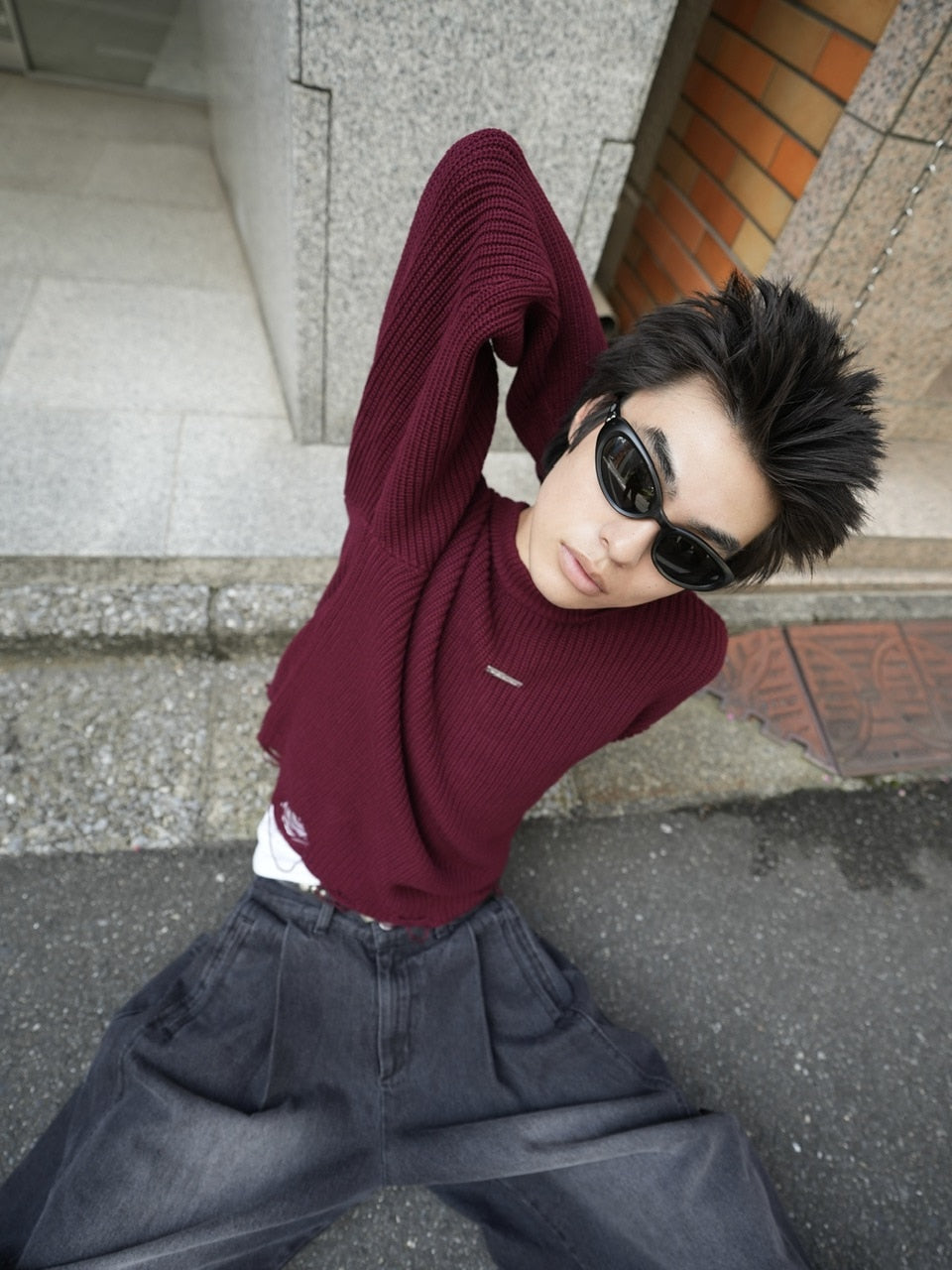 【CS】mock neck damage knit (red)