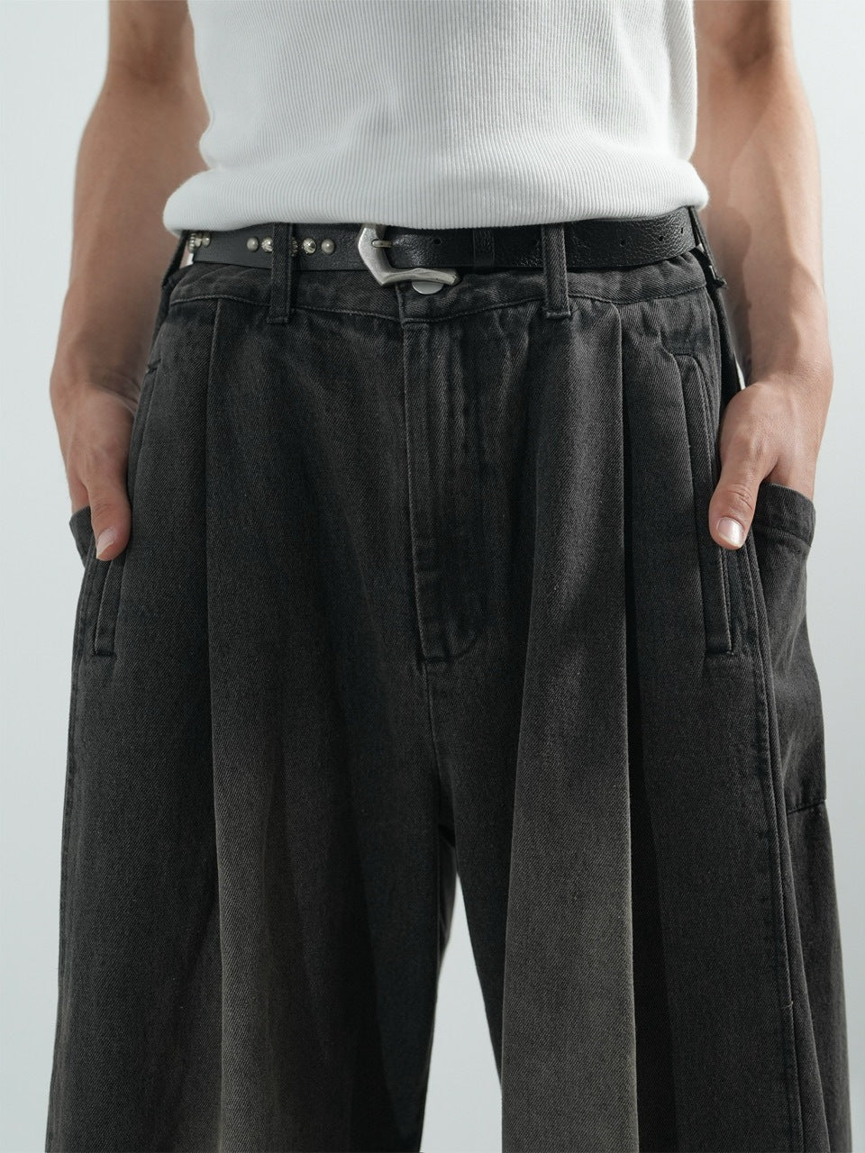 【CS】side tuck drape denim pants (black)